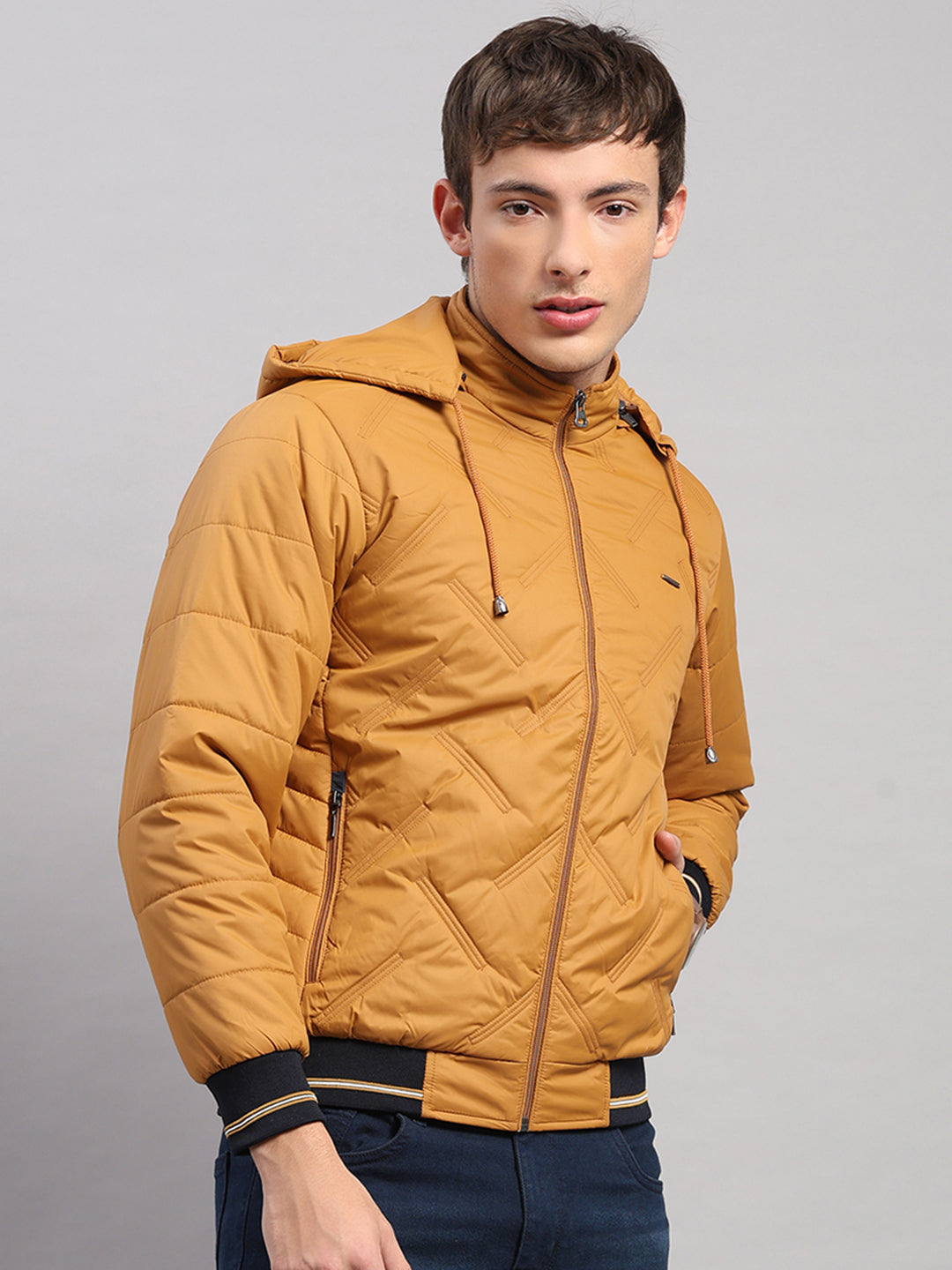 Men Golden Yellow Solid Hooded Full Sleeve Jacket