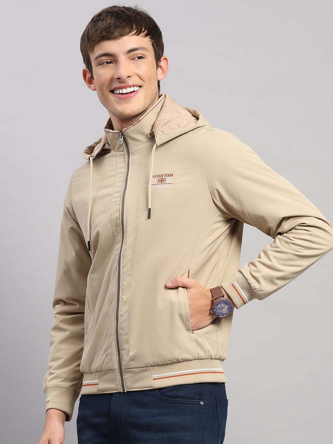 Men Beige Solid Hooded Full Sleeve Jacket