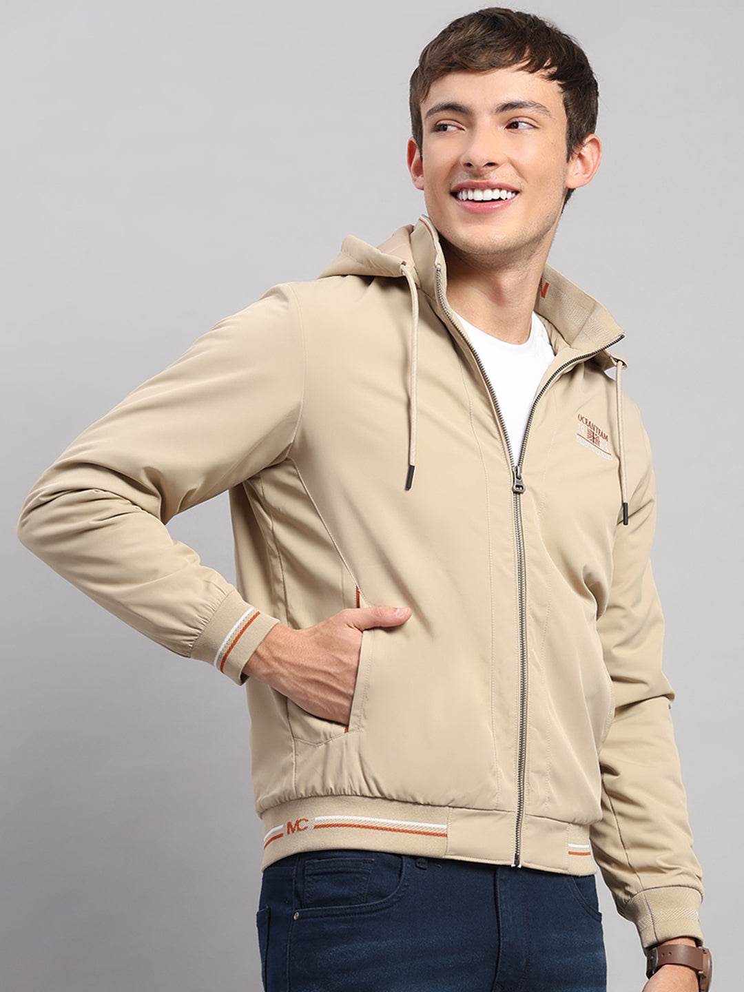 Men Beige Solid Hooded Full Sleeve Jacket