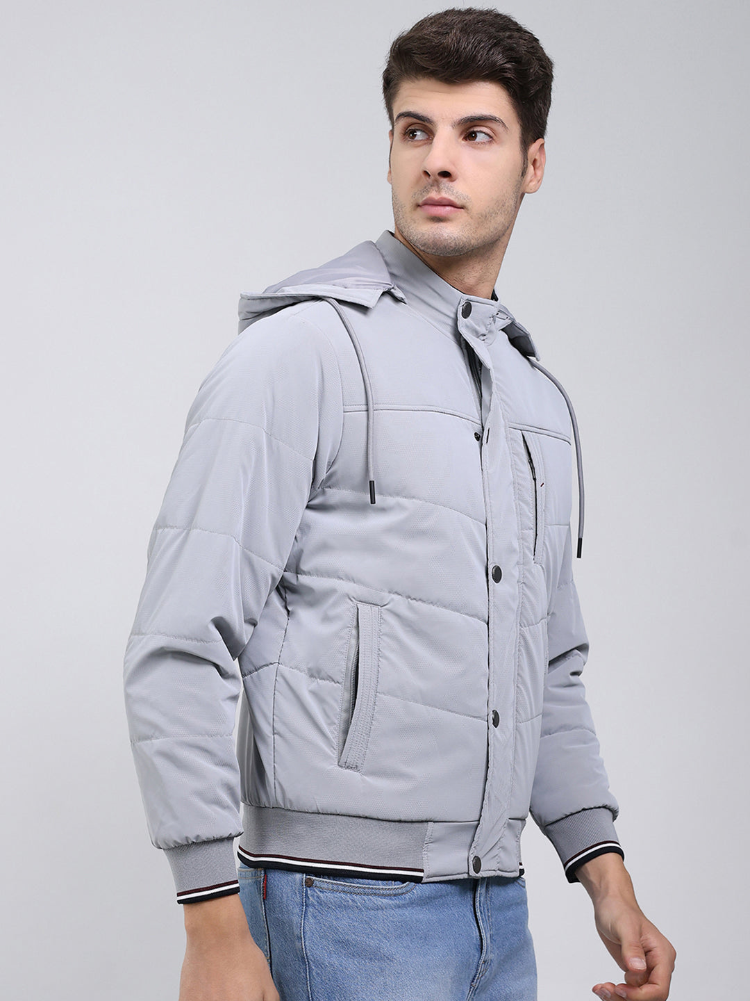 Men Grey Solid Hooded Full Sleeve Jacket