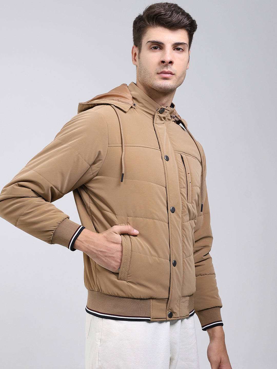 Men Camel Brown Solid Hooded Full Sleeve Jacket