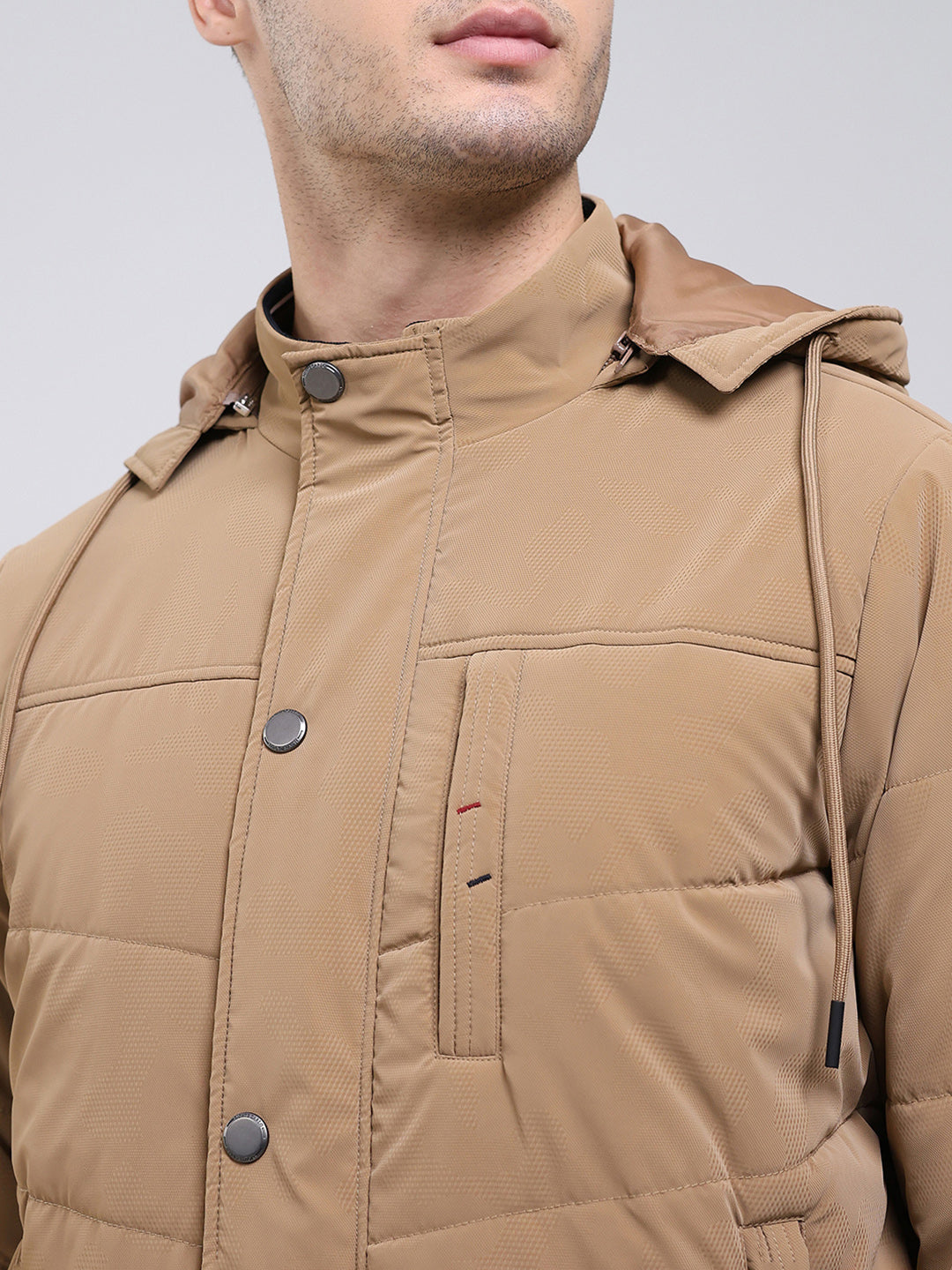Men Camel Brown Solid Hooded Full Sleeve Jacket