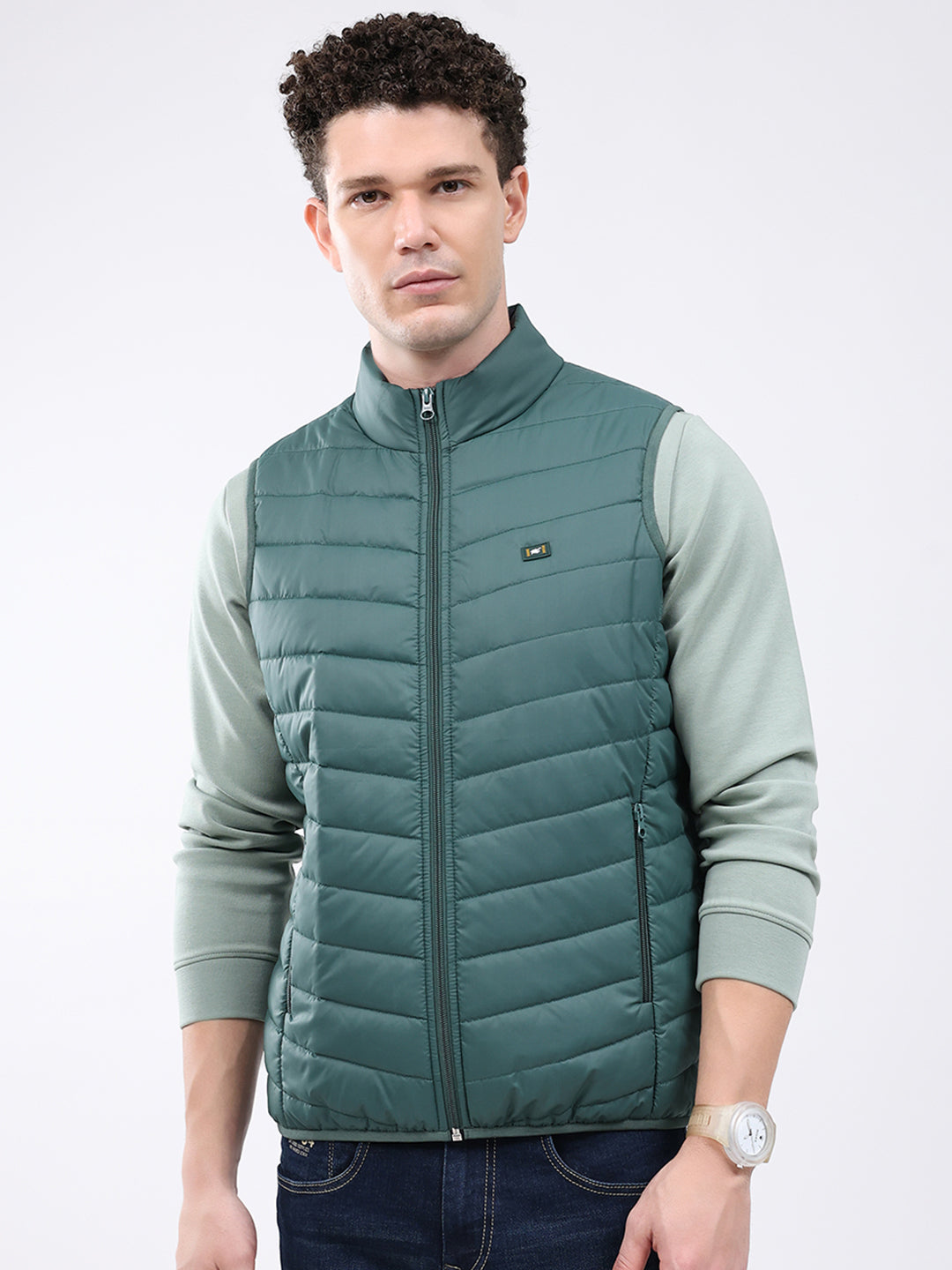 Men Green Solid Collar Sleeveless Jacket