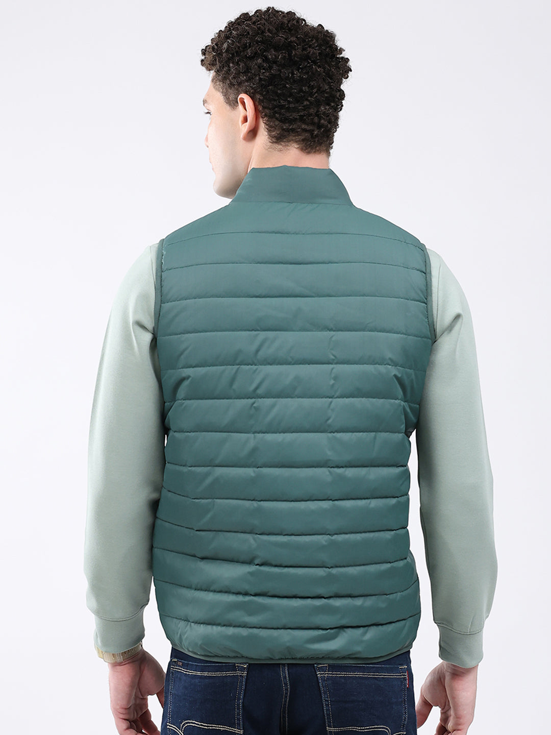 Men Green Solid Collar Sleeveless Jacket