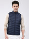 Men Dark Blue Solid Collar Sleeveless Jacket