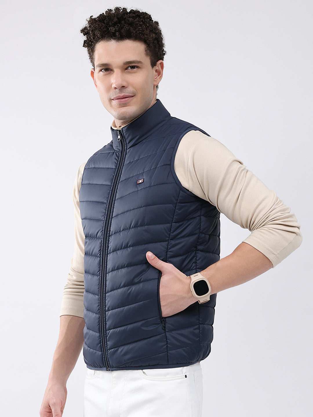 Men Dark Blue Solid Collar Sleeveless Jacket