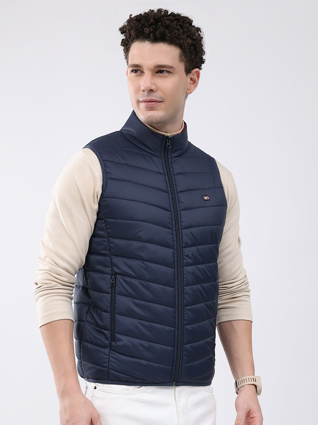 Men Dark Blue Solid Collar Sleeveless Jacket