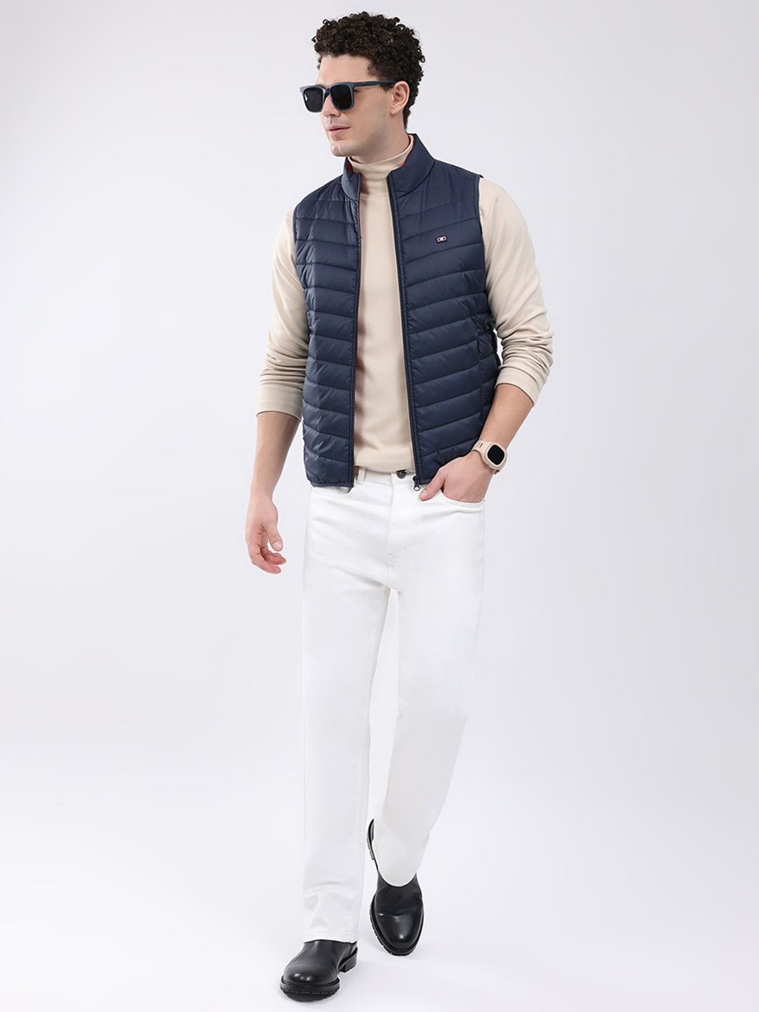 Men Dark Blue Solid Collar Sleeveless Jacket