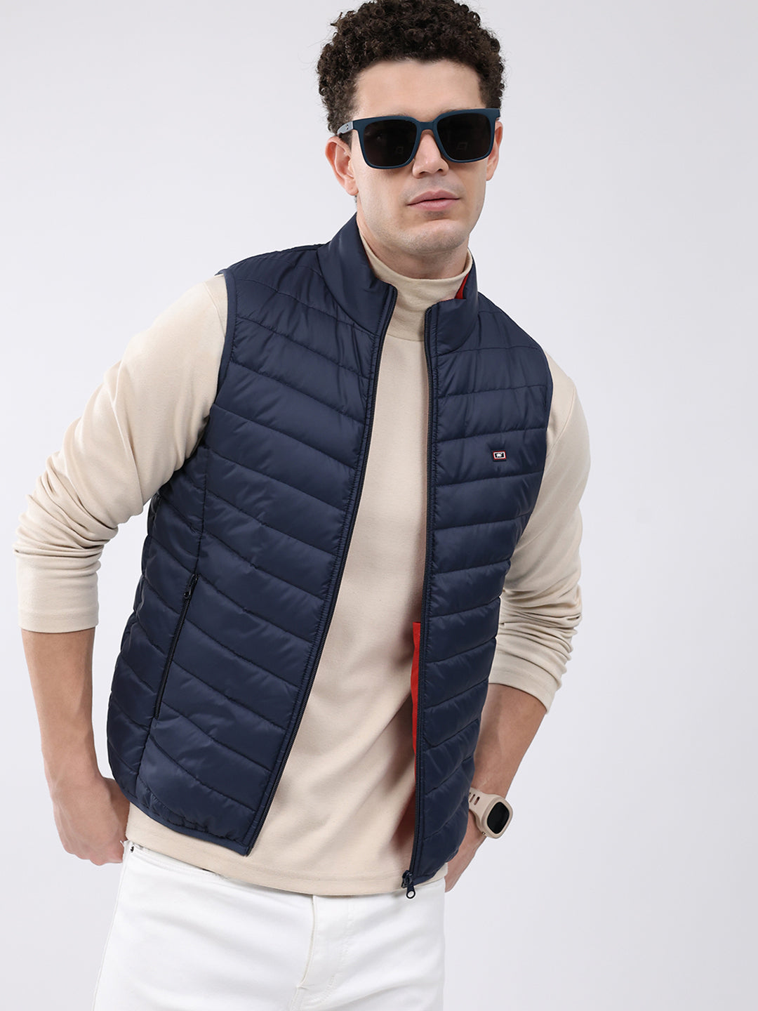 Men Dark Blue Solid Collar Sleeveless Jacket