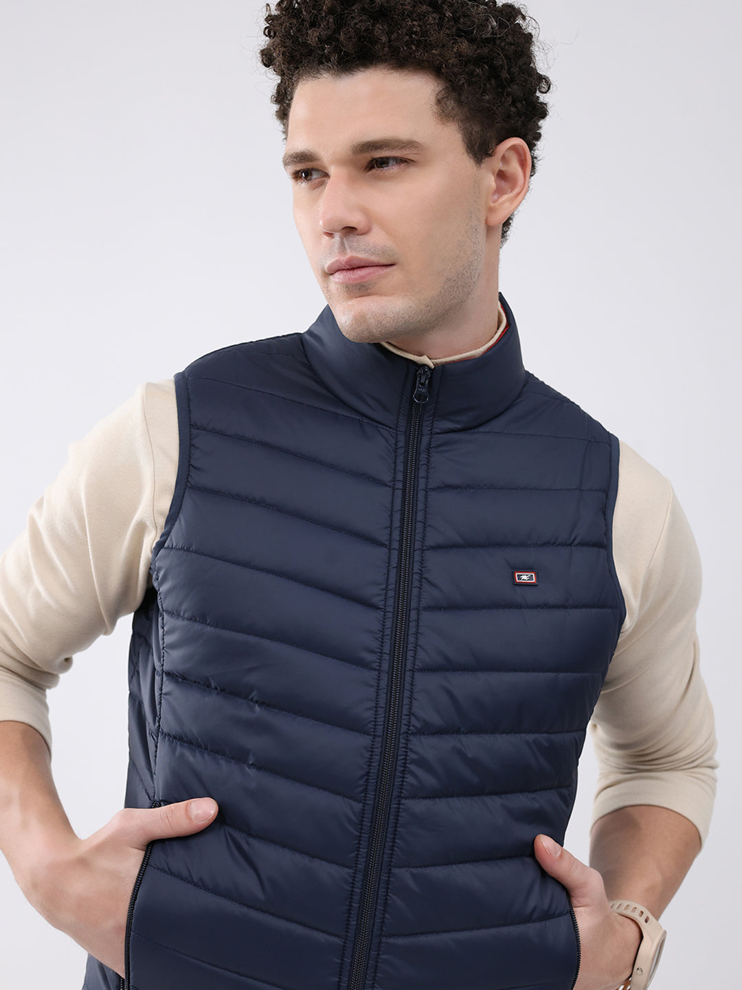 Men Dark Blue Solid Collar Sleeveless Jacket