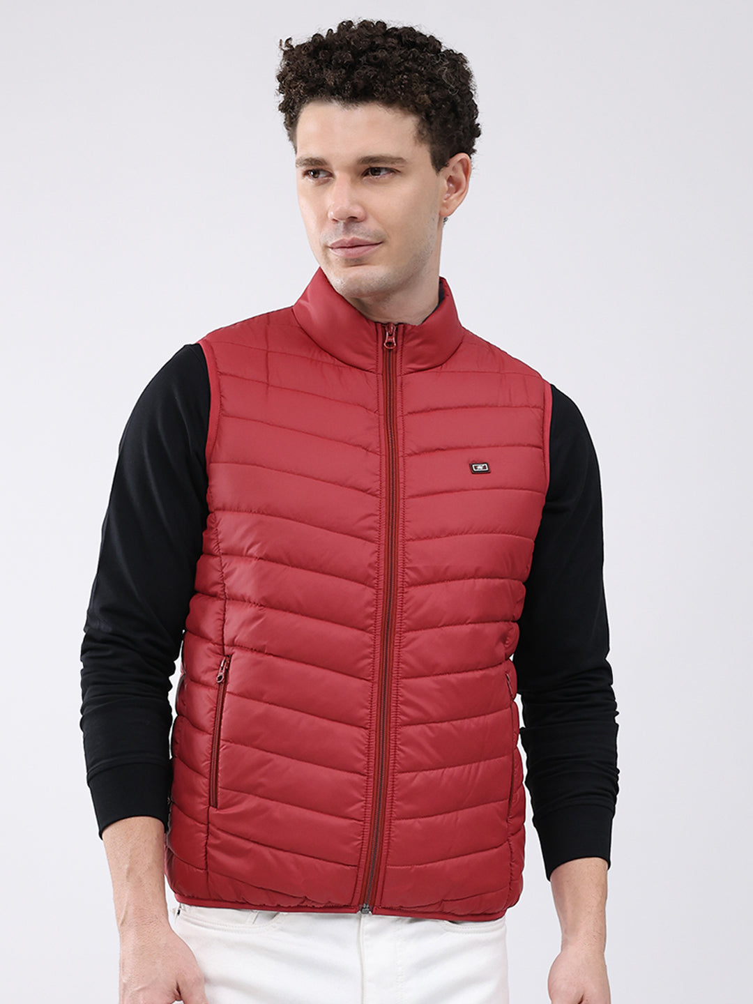 Men Maroon Solid Collar Sleeveless Jacket