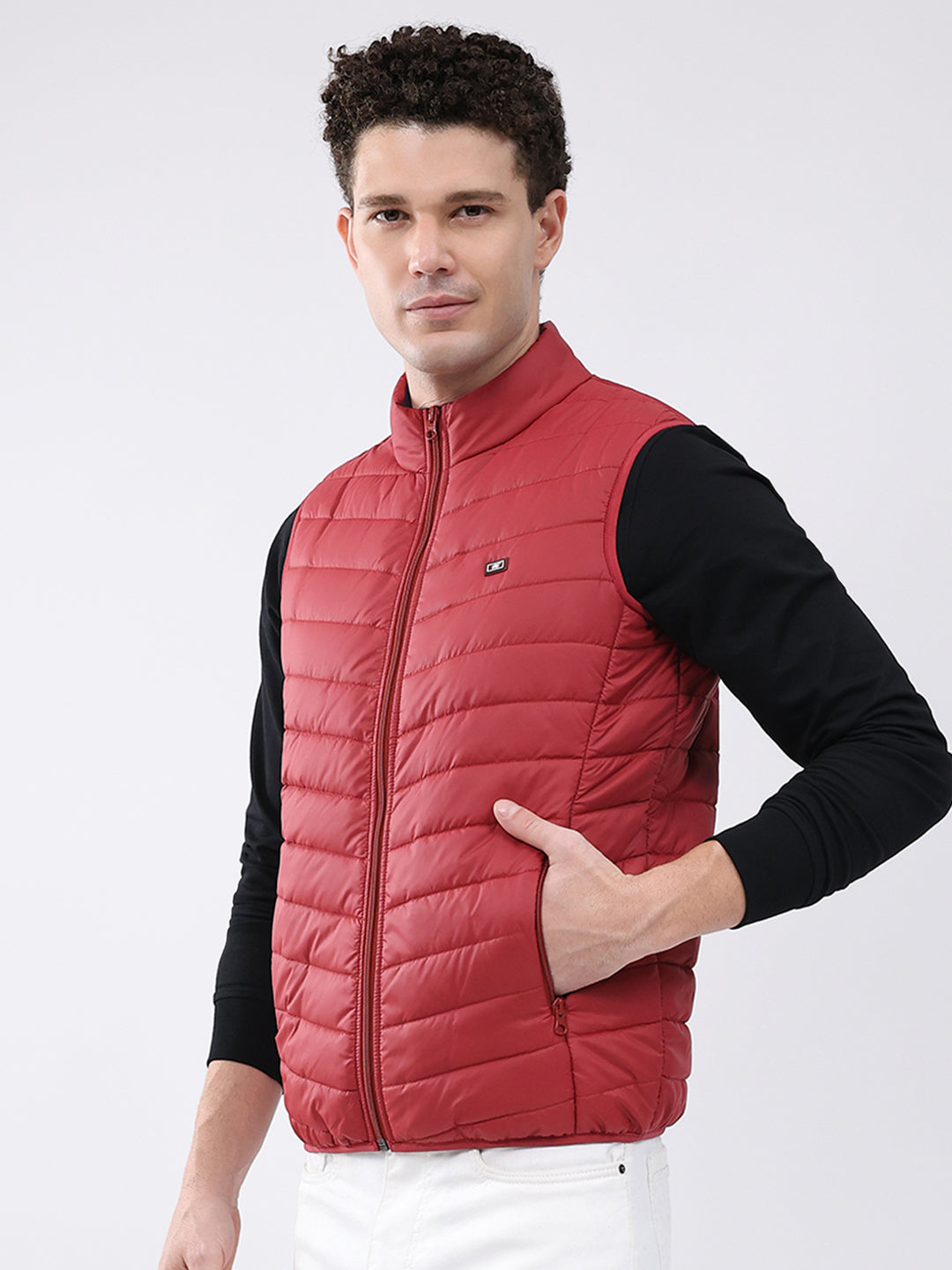 Men Maroon Solid Collar Sleeveless Jacket