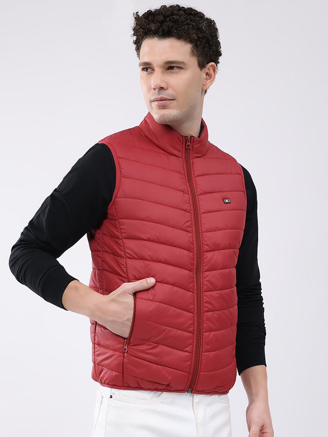 Men Maroon Solid Collar Sleeveless Jacket