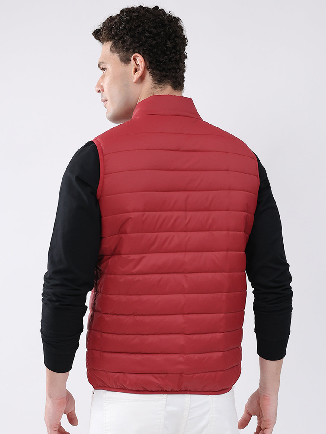 Men Maroon Solid Collar Sleeveless Jacket