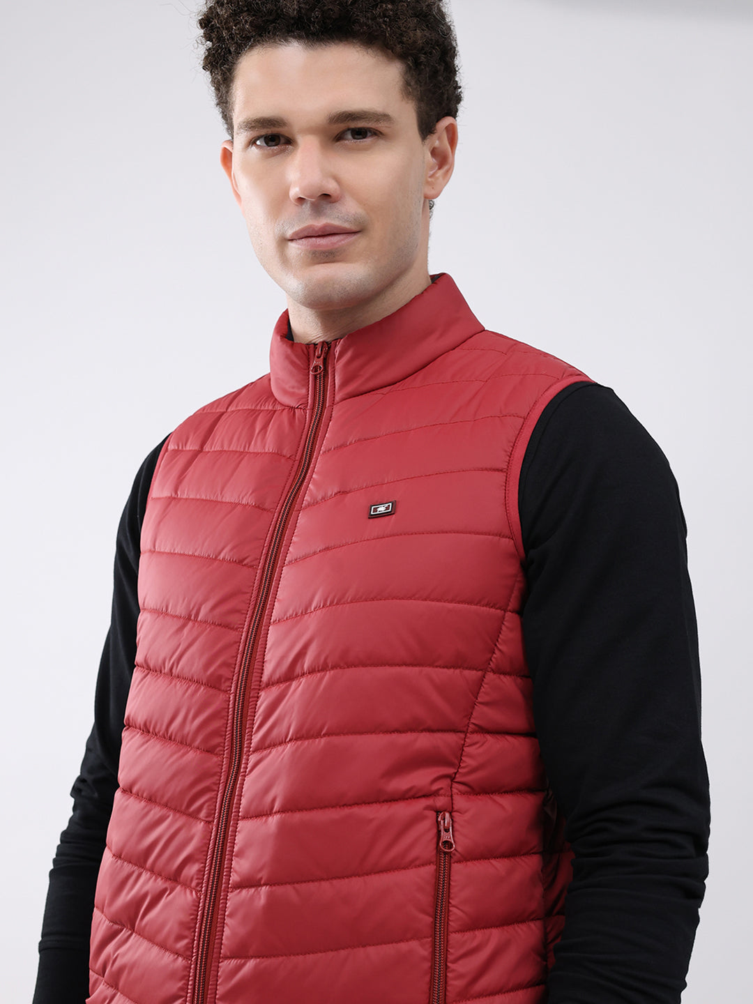 Men Maroon Solid Collar Sleeveless Jacket