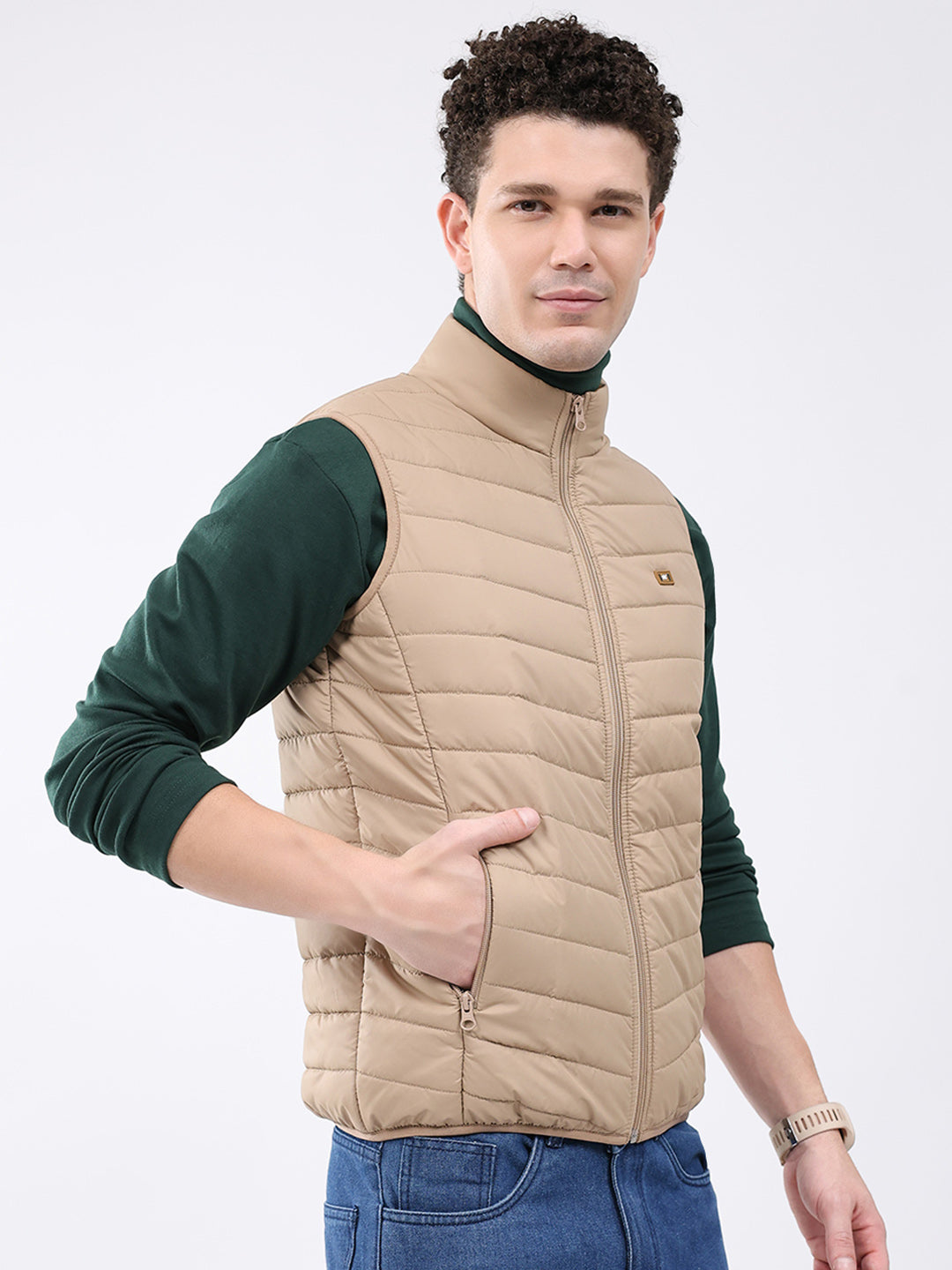 Men Beige Solid Collar Sleeveless Jacket