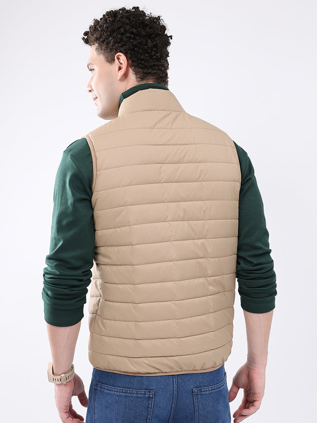Men Beige Solid Collar Sleeveless Jacket