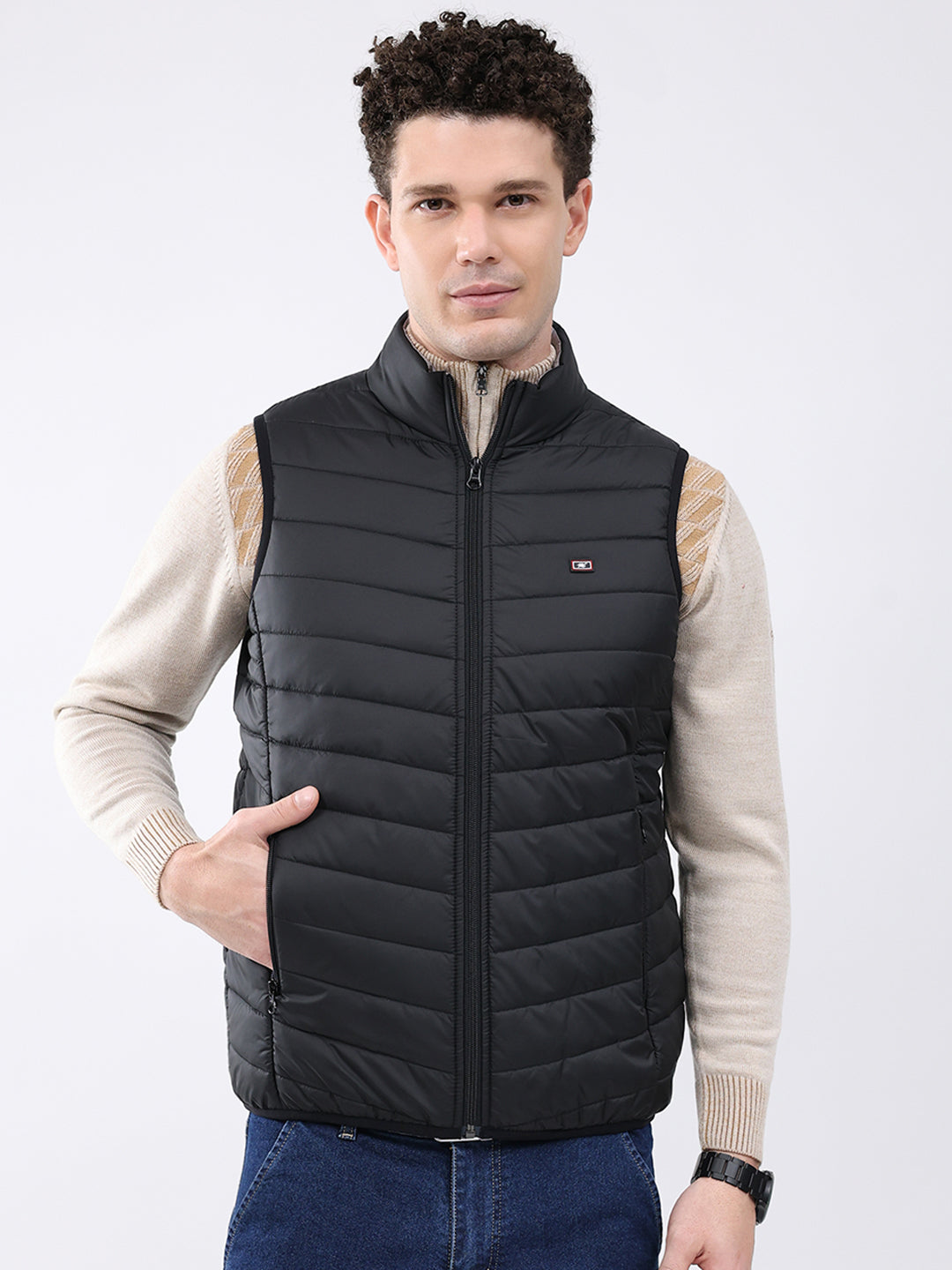 Men Black Solid Collar Sleeveless Jacket