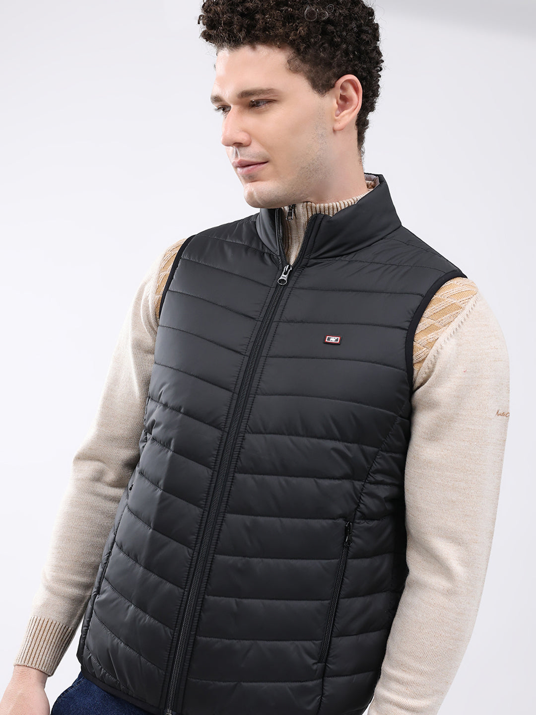 Men Black Solid Collar Sleeveless Jacket