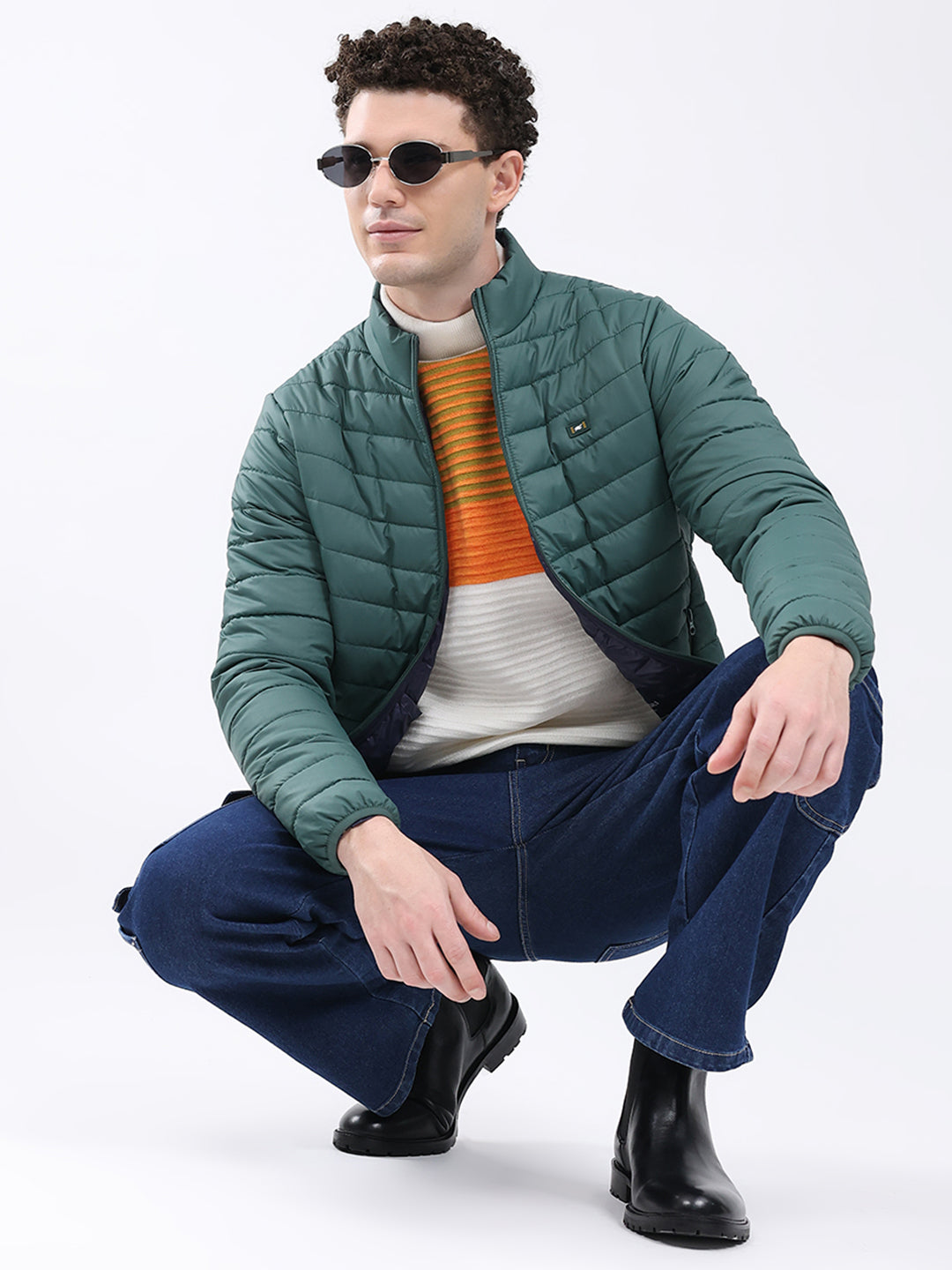 Men Dark Green Solid Collar Full Sleeve Jacket