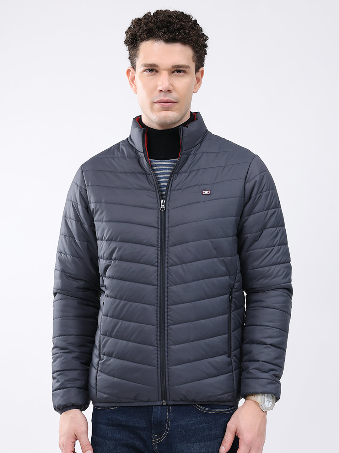 Men Blue Solid Collar Full Sleeve Jacket