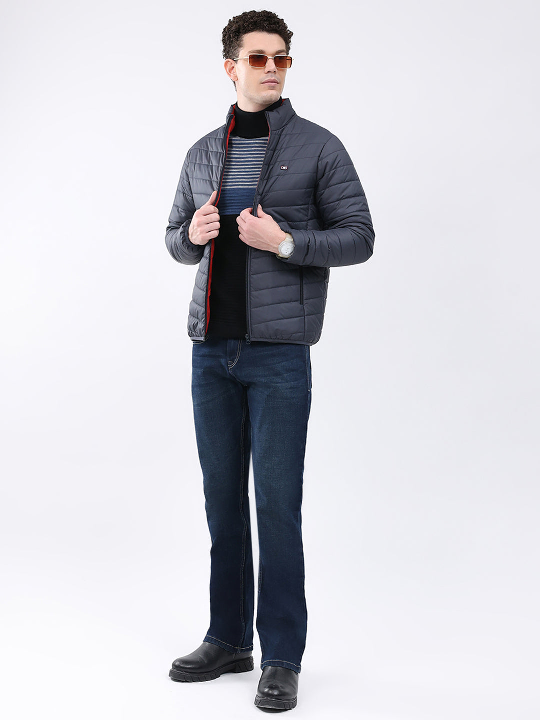 Men Blue Solid Collar Full Sleeve Jacket