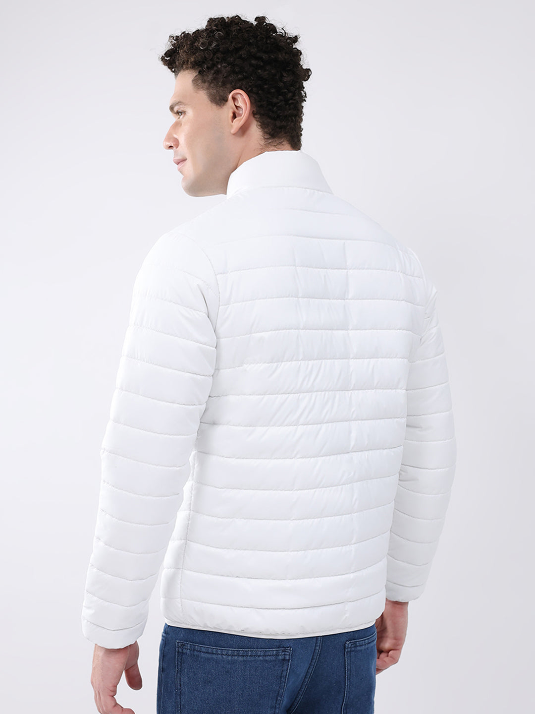 Men White Solid Collar Full Sleeve Jacket