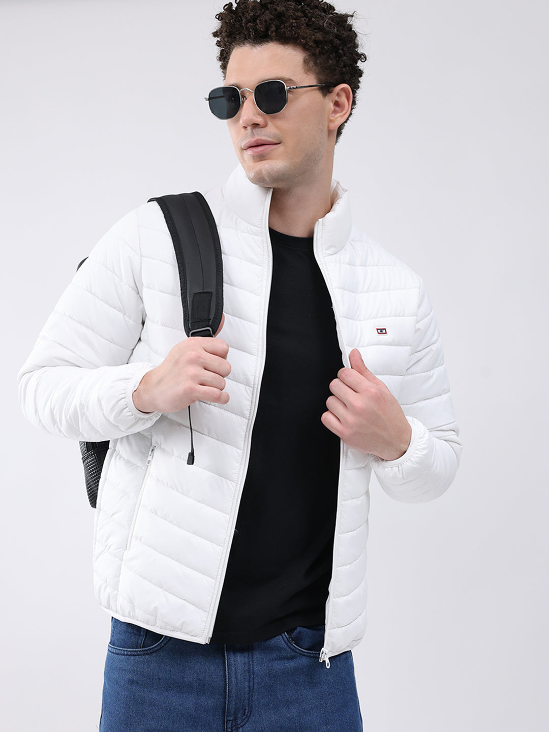 Men White Solid Collar Full Sleeve Jacket