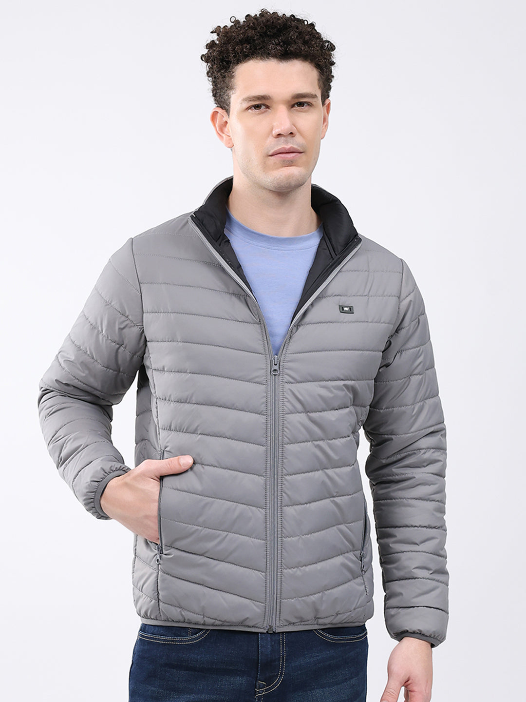 Men Grey Solid Collar Full Sleeve Jacket