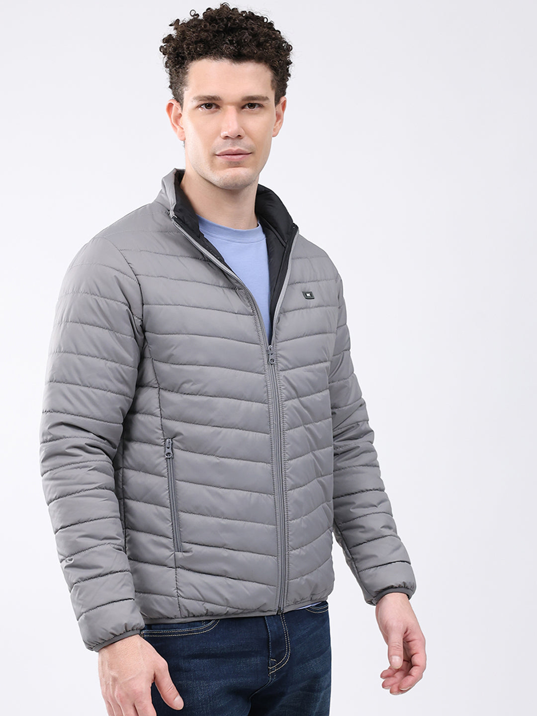 Men Grey Solid Collar Full Sleeve Jacket
