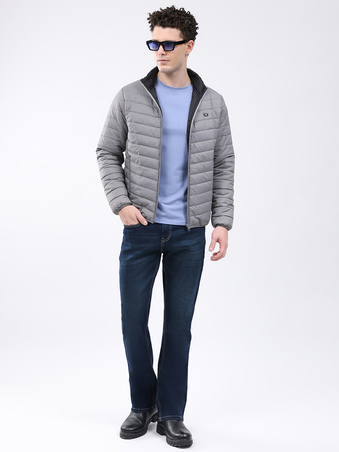 Men Grey Solid Collar Full Sleeve Jacket