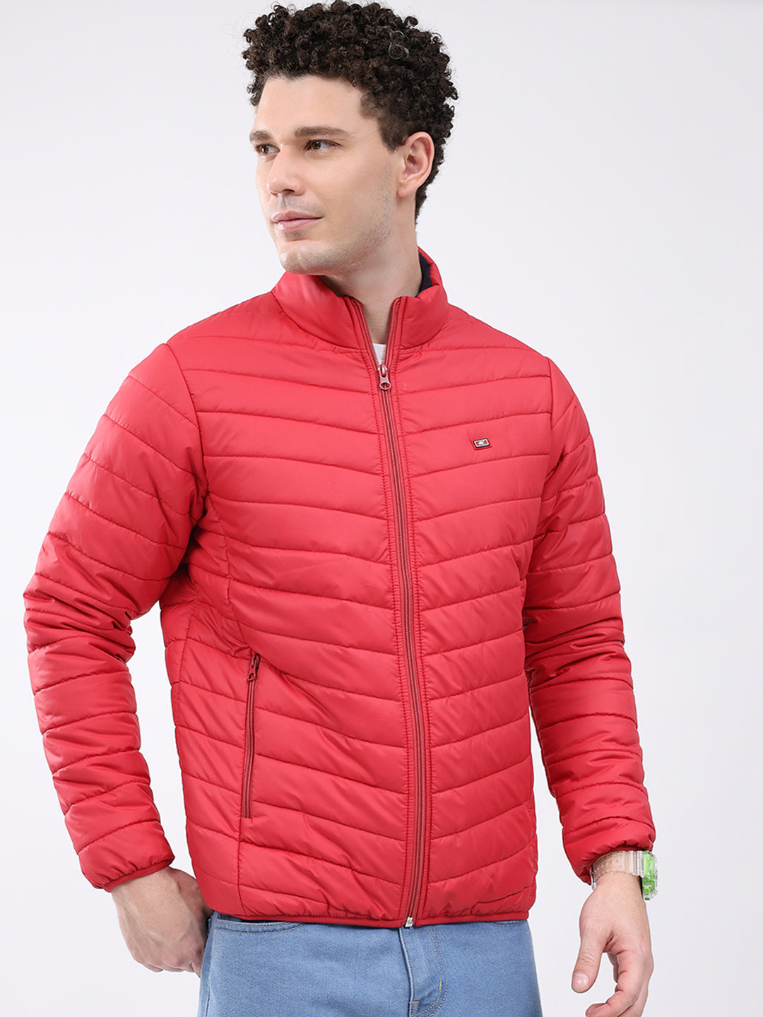 Men Red Solid Collar Full Sleeve Jacket