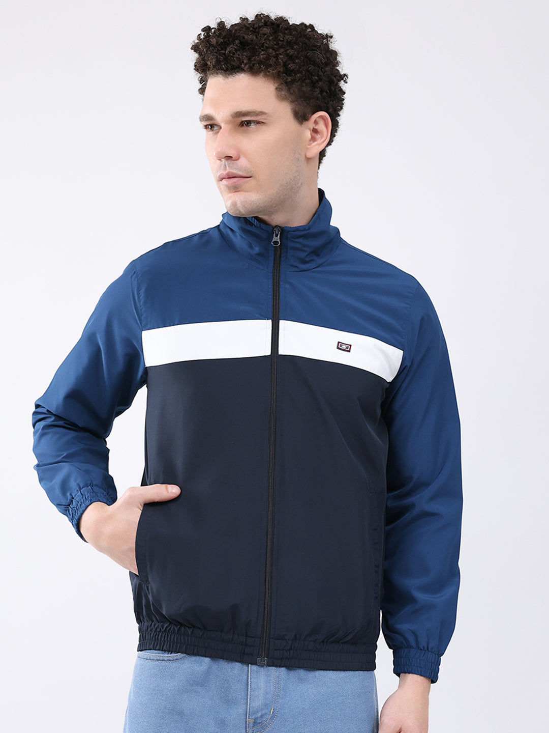 Men Navy Blue Printed Collar Full Sleeve Jacket