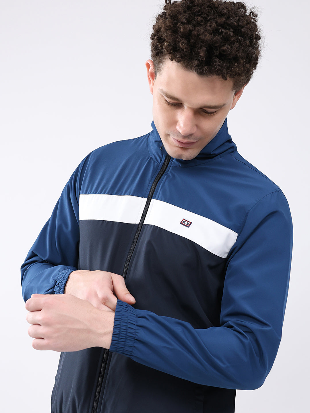 Men Navy Blue Printed Collar Full Sleeve Jacket