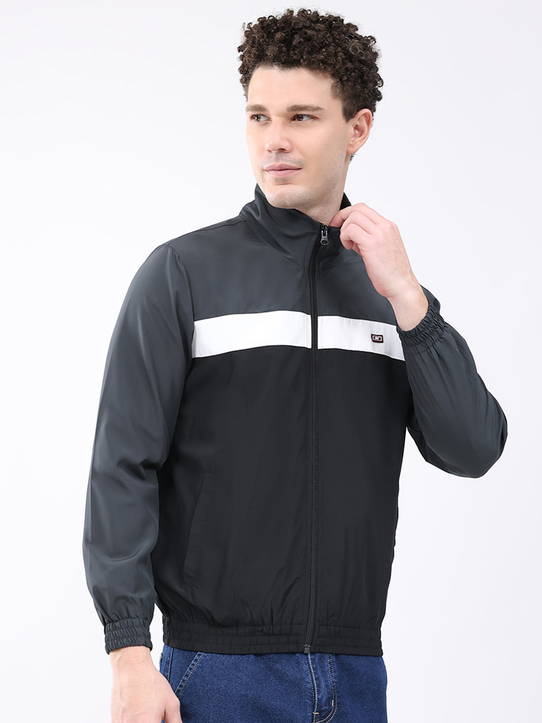 Men Grey Printed Collar Full Sleeve Jacket