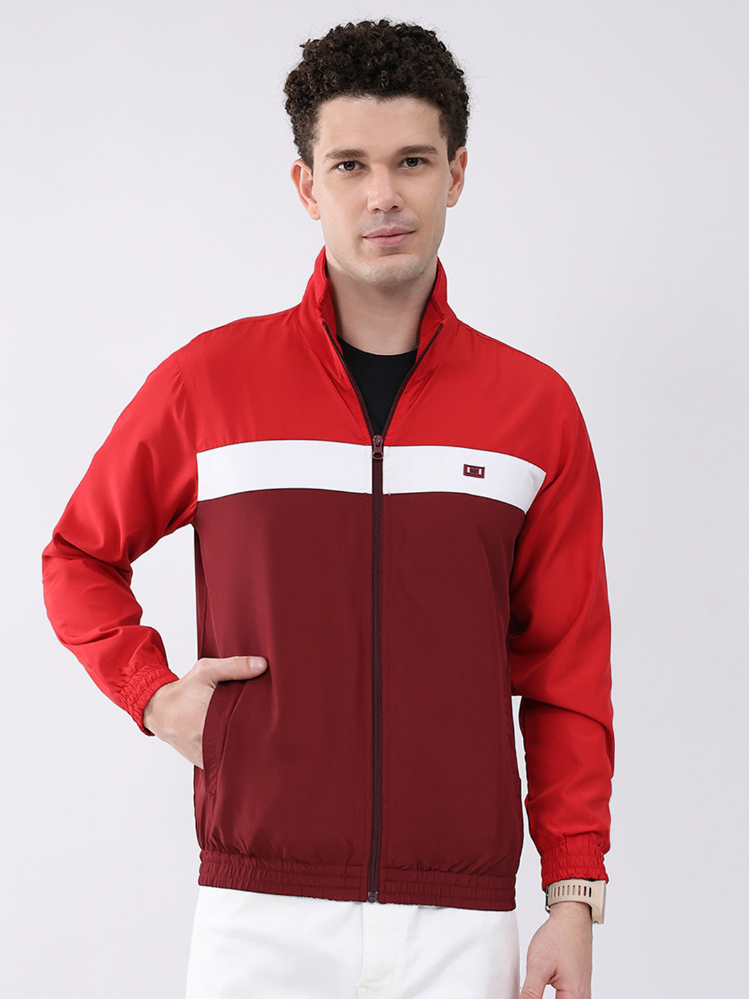 Men Maroon Printed Collar Full Sleeve Jacket