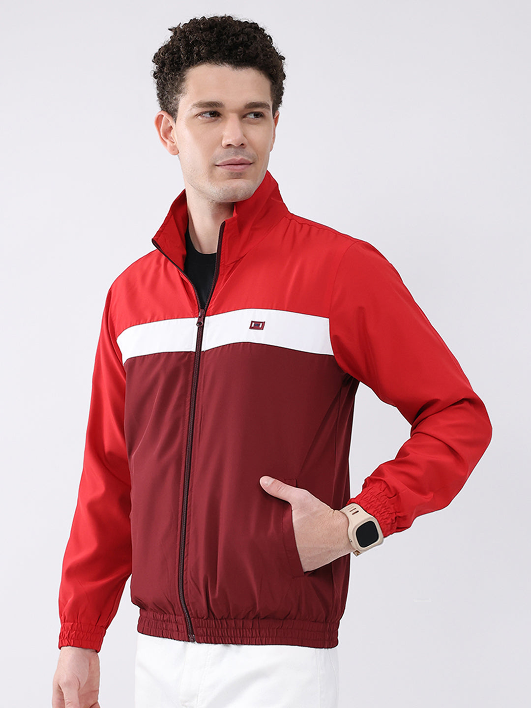 Men Maroon Printed Collar Full Sleeve Jacket