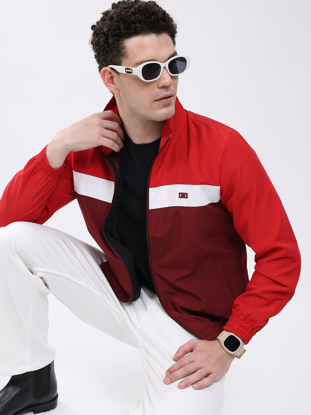 Men Maroon Printed Collar Full Sleeve Jacket