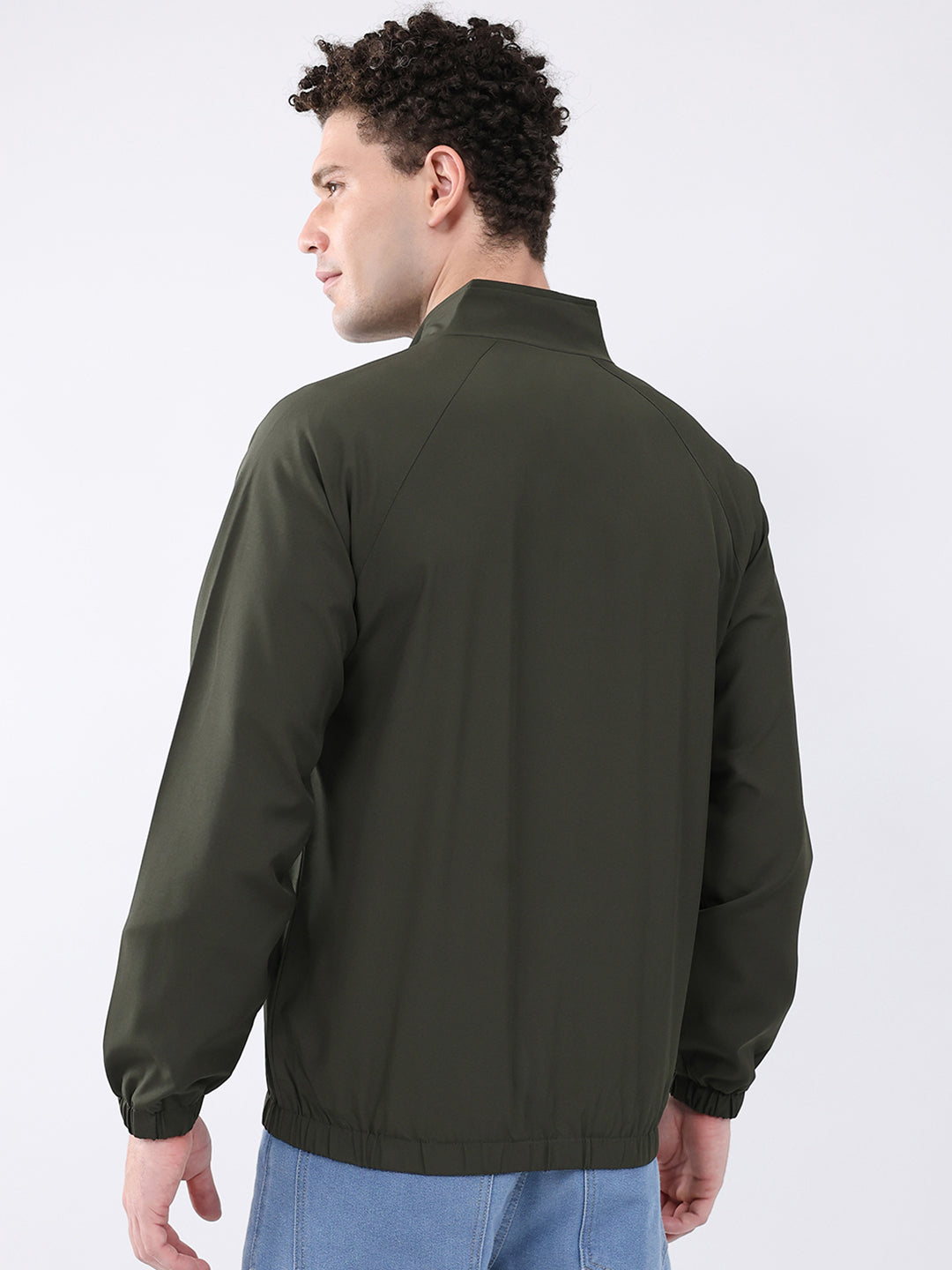 Men Dark Green Printed Collar Full Sleeve Jacket