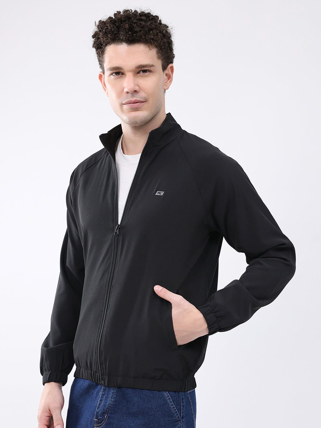 Men Black Printed Collar Full Sleeve Jacket