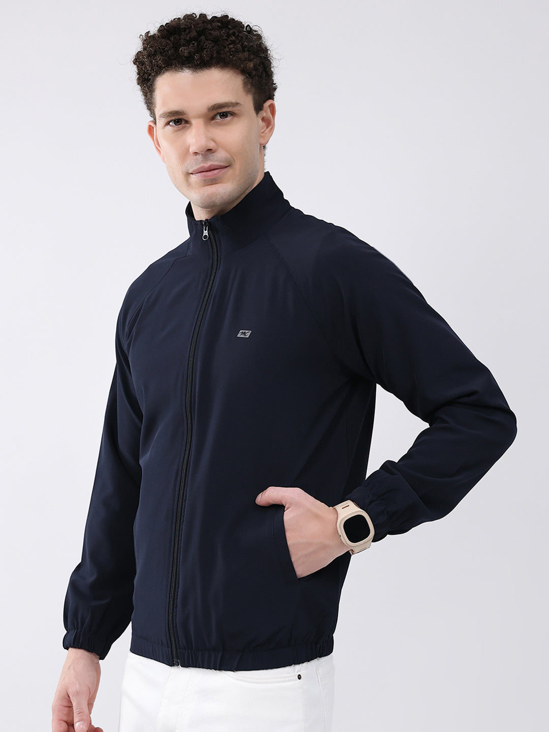 Men Navy Blue Printed Collar Full Sleeve Jacket