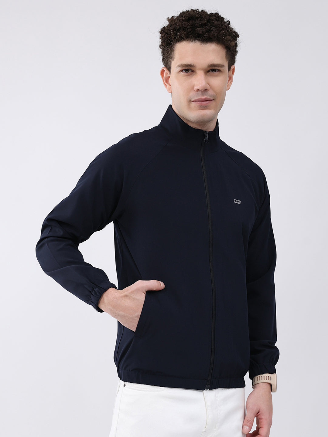 Men Navy Blue Printed Collar Full Sleeve Jacket