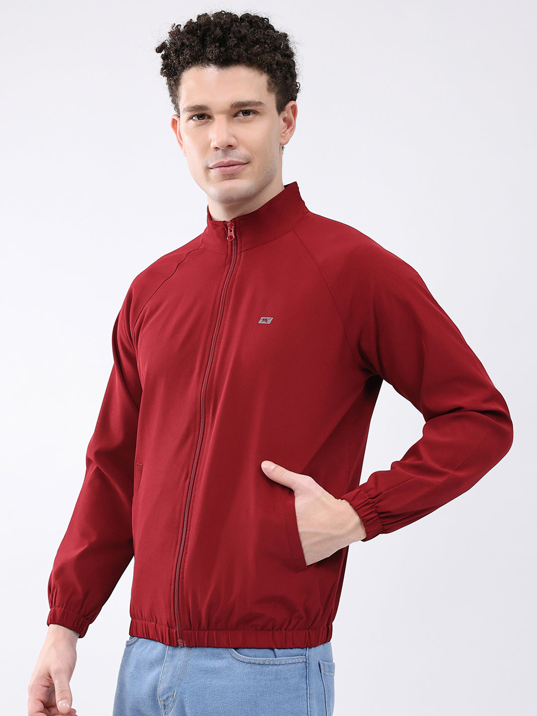 Men Maroon Printed Collar Full Sleeve Jacket