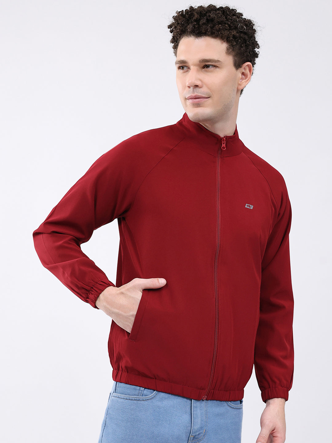 Men Maroon Printed Collar Full Sleeve Jacket