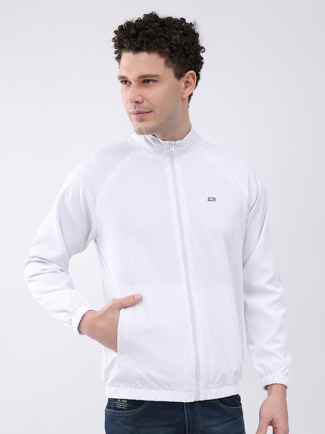 Men White Printed Collar Full Sleeve Jacket