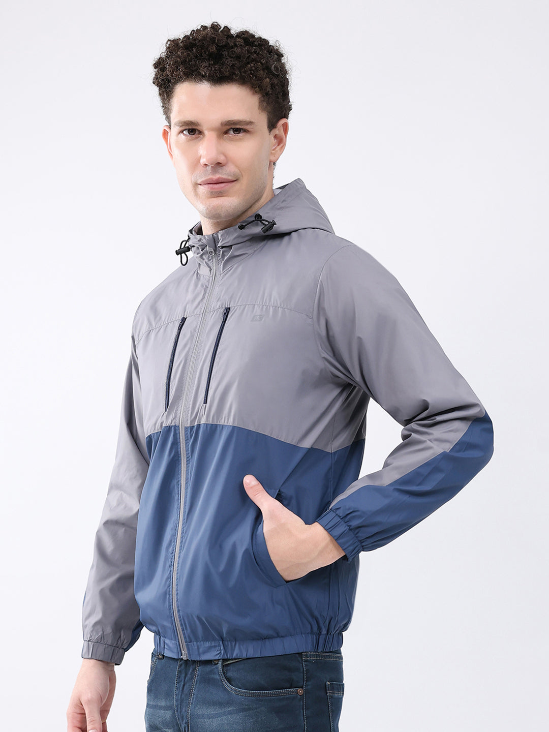 Men Grey Printed Collar Full Sleeve Jacket