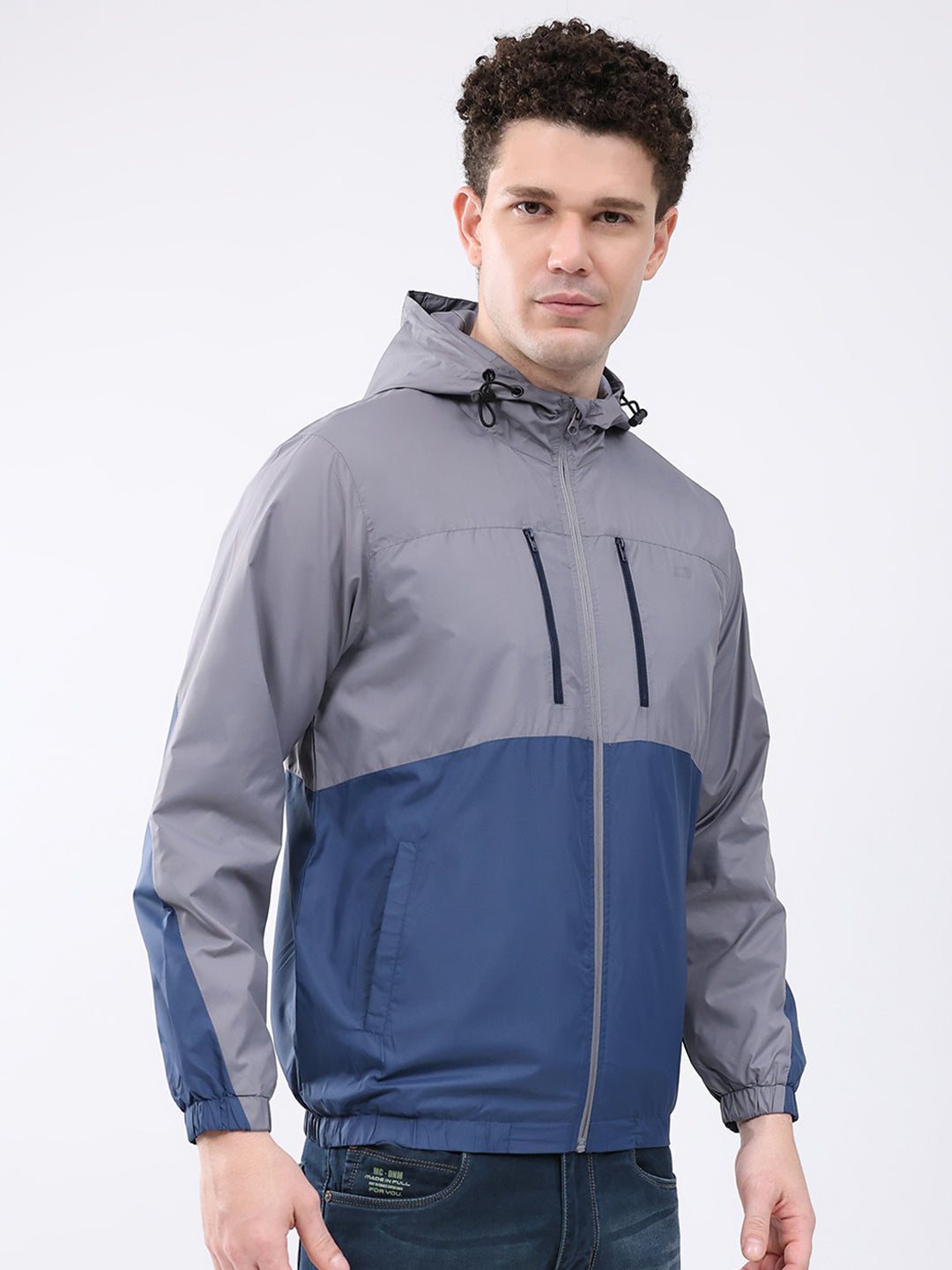 Men Grey Printed Collar Full Sleeve Jacket