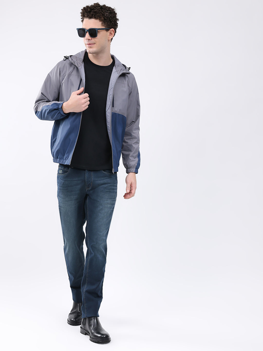 Men Grey Printed Collar Full Sleeve Jacket