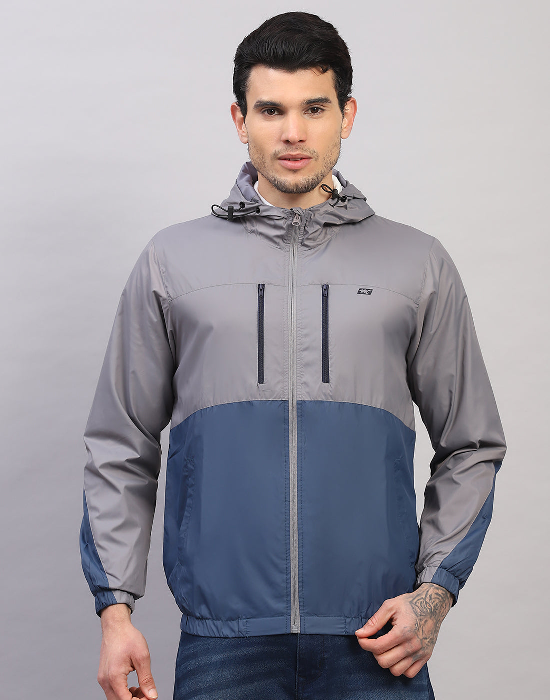 Men Grey Printed Collar Full Sleeve Jacket
