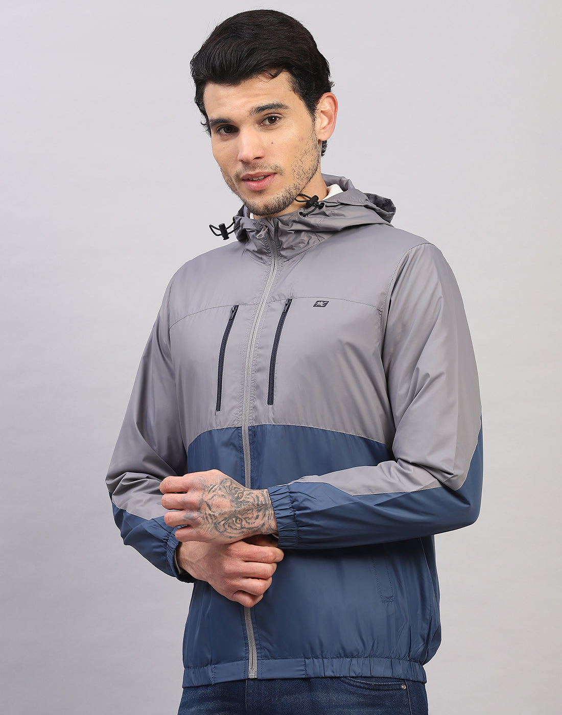 Men Grey Printed Collar Full Sleeve Jacket